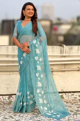 Light blue thread embroidery floral work  organza    party wear elegant style  designer saree  with blouse piece