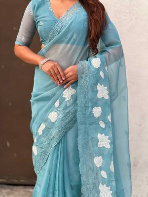 Light blue thread embroidery floral work  organza    party wear elegant style  designer saree  with blouse piece 5