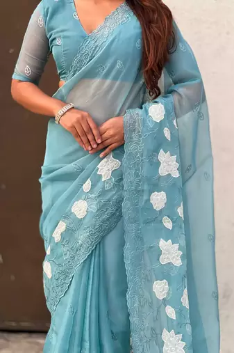 Light blue thread embroidery floral work  organza    party wear elegant style  designer saree  with blouse piece
