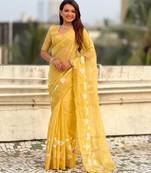 Yellow thread embroidery floral work  organza    party wear elegant style  designer saree  with blouse piece