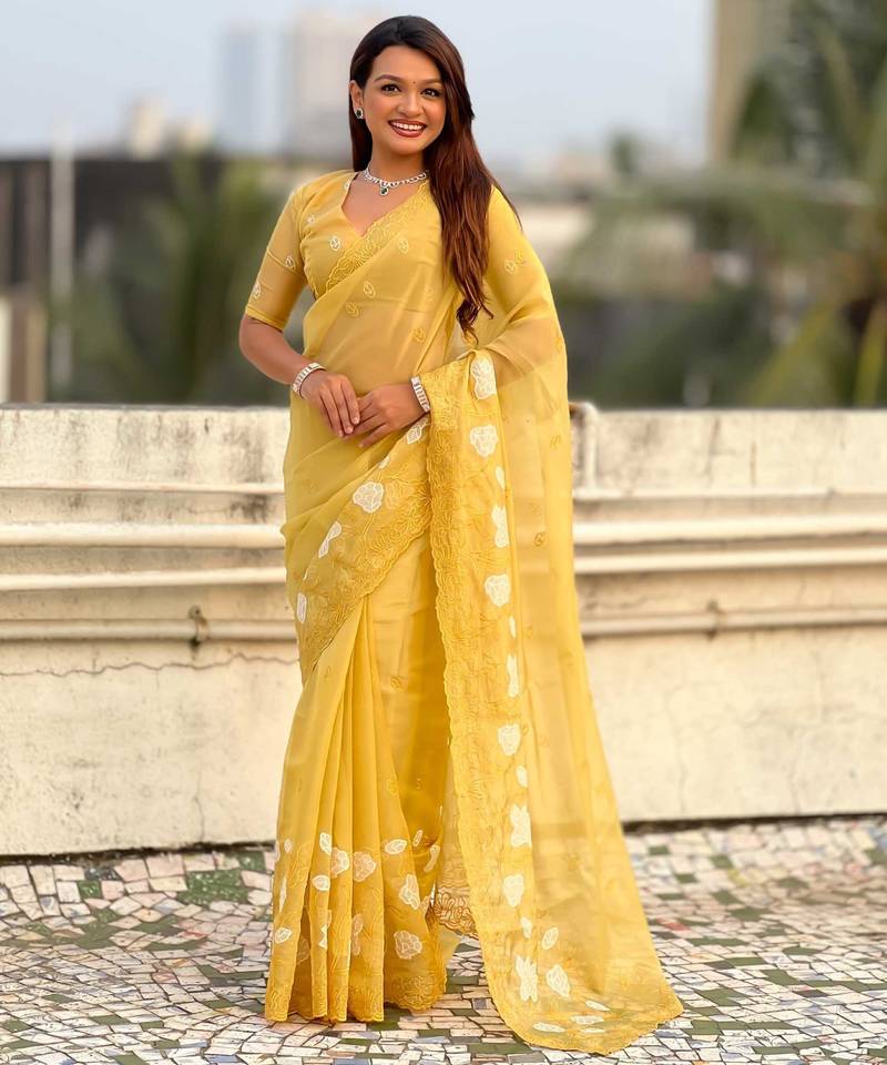 Yellow thread embroidery floral work  organza    party wear elegant style  designer saree  with blouse piece