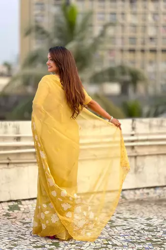 Yellow thread embroidery floral work  organza    party wear elegant style  designer saree  with blouse piece