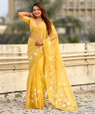 Yellow thread embroidery floral work  organza    party wear elegant style  designer saree  with blouse piece 3