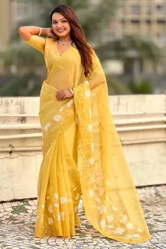 Yellow thread embroidery floral work  organza    party wear elegant style  designer saree  with blouse piece