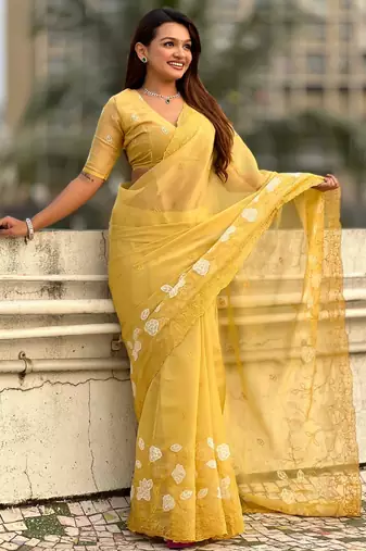 Yellow thread embroidery floral work  organza    party wear elegant style  designer saree  with blouse piece