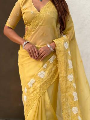 Yellow thread embroidery floral work  organza    party wear elegant style  designer saree  with blouse piece 5