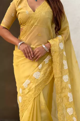 Yellow thread embroidery floral work  organza    party wear elegant style  designer saree  with blouse piece