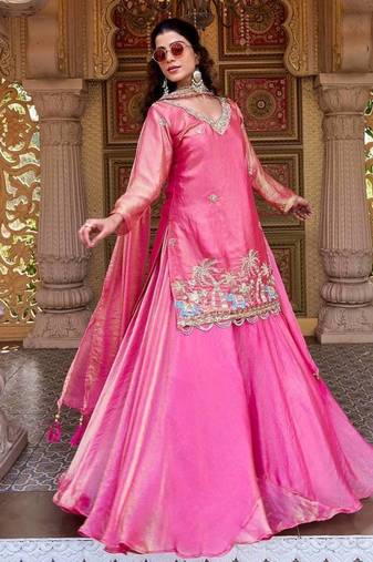 Pink Color Embroidery bids Sequence And Thred Work Silk Lahenga Choli Set