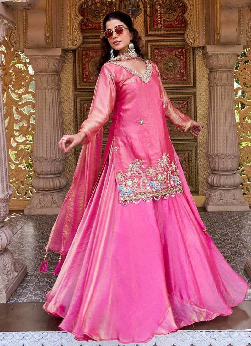 Pink Color Embroidery bids Sequence And Thred Work Silk Lahenga Choli Set