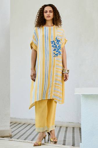 Yellow printed linen kurta set