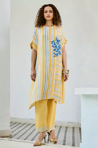 Yellow printed linen kurta set