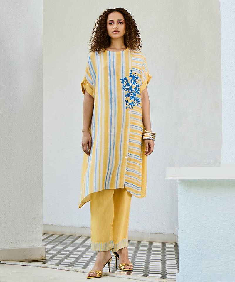 Yellow printed linen kurta set