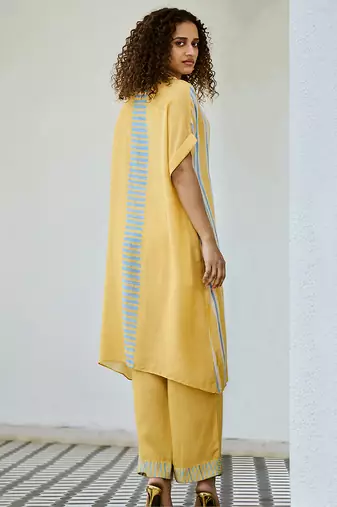 Yellow printed linen kurta set