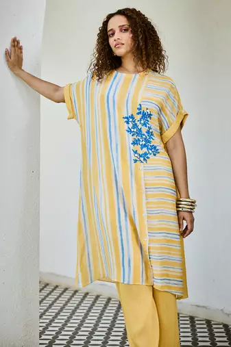 Yellow printed linen kurta set