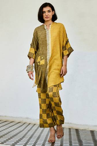 Mustard yellow printed linen kurta set