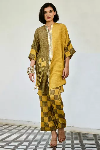 Mustard yellow printed linen kurta set
