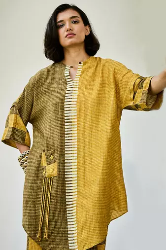 Mustard yellow printed linen kurta set