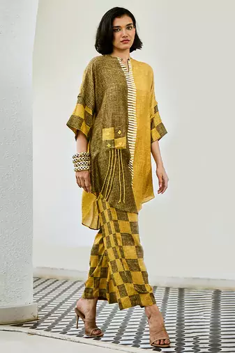 Mustard yellow printed linen kurta set