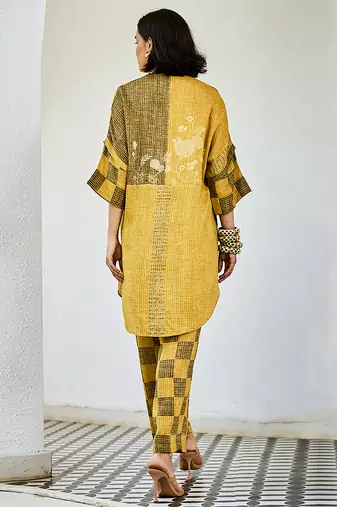 Mustard yellow printed linen kurta set