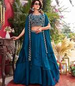Peacock Blue Color Embroidery moti Bids And Sequence  Work Silk Lahenga Choli Set