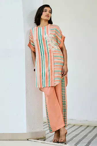 Peach printed linen kurta set
