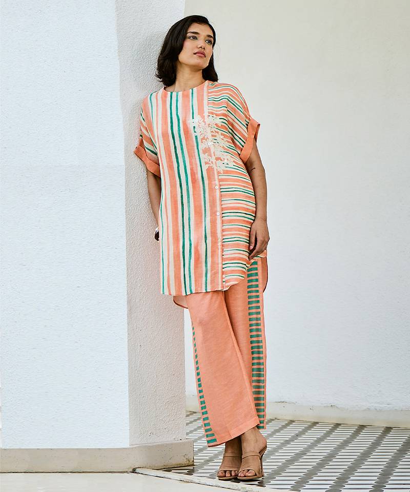 Peach printed linen kurta set