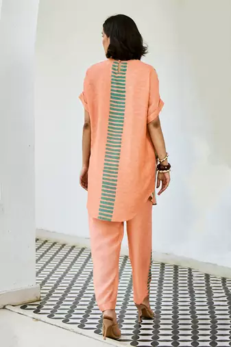 Peach printed linen kurta set