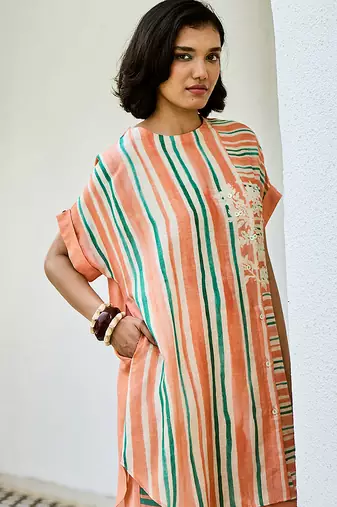 Peach printed linen kurta set