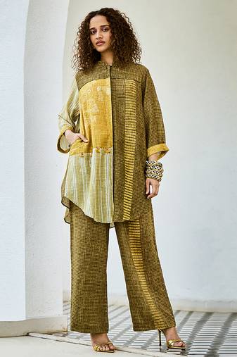 Yellow green printed linen kurta set