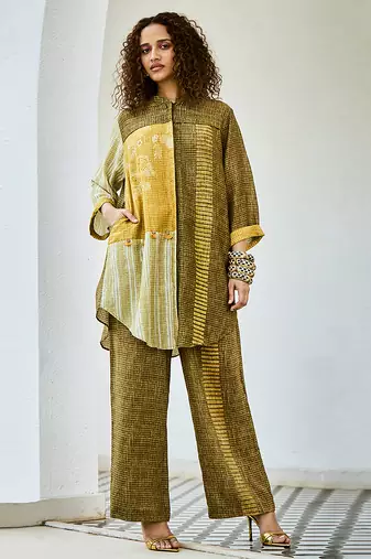 Yellow green printed linen kurta set