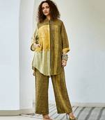 Yellow green printed linen kurta set