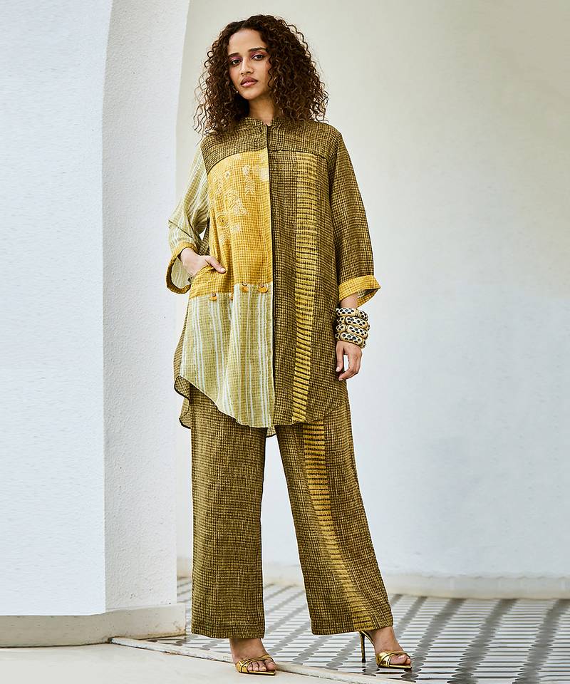 Yellow green printed linen kurta set