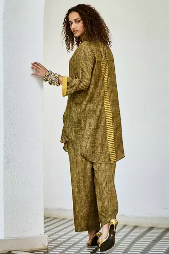 Yellow green printed linen kurta set