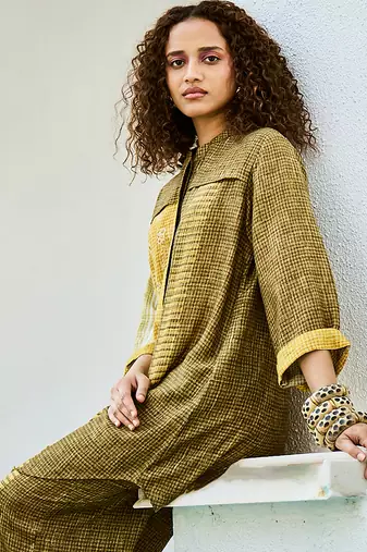Yellow green printed linen kurta set