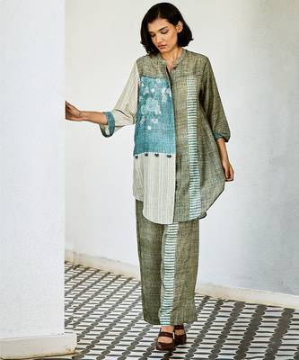 Grey blue printed linen kurta set 1