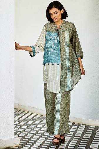 Grey blue printed linen kurta set