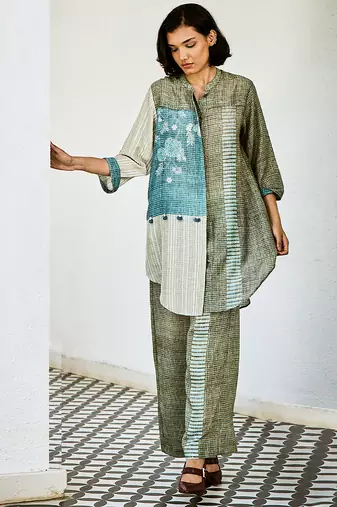 Grey blue printed linen kurta set