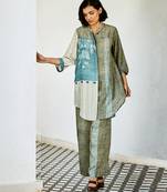 Grey blue printed linen kurta set