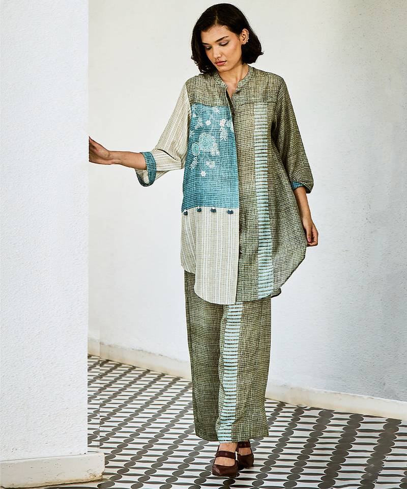 Grey blue printed linen kurta set