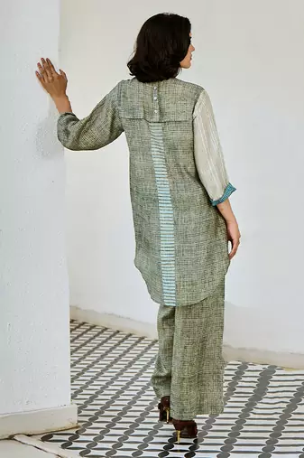 Grey blue printed linen kurta set