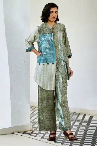 Grey blue printed linen kurta set