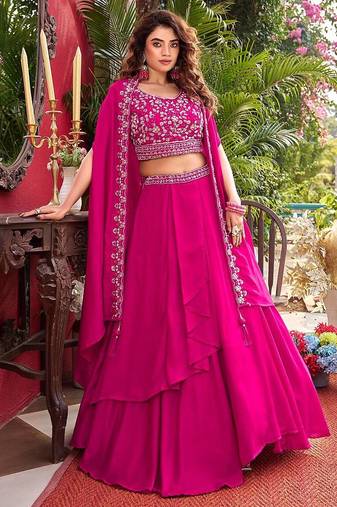 Pink Color Embroidery moti Bids And Sequence  Work Silk Lahenga Choli Set