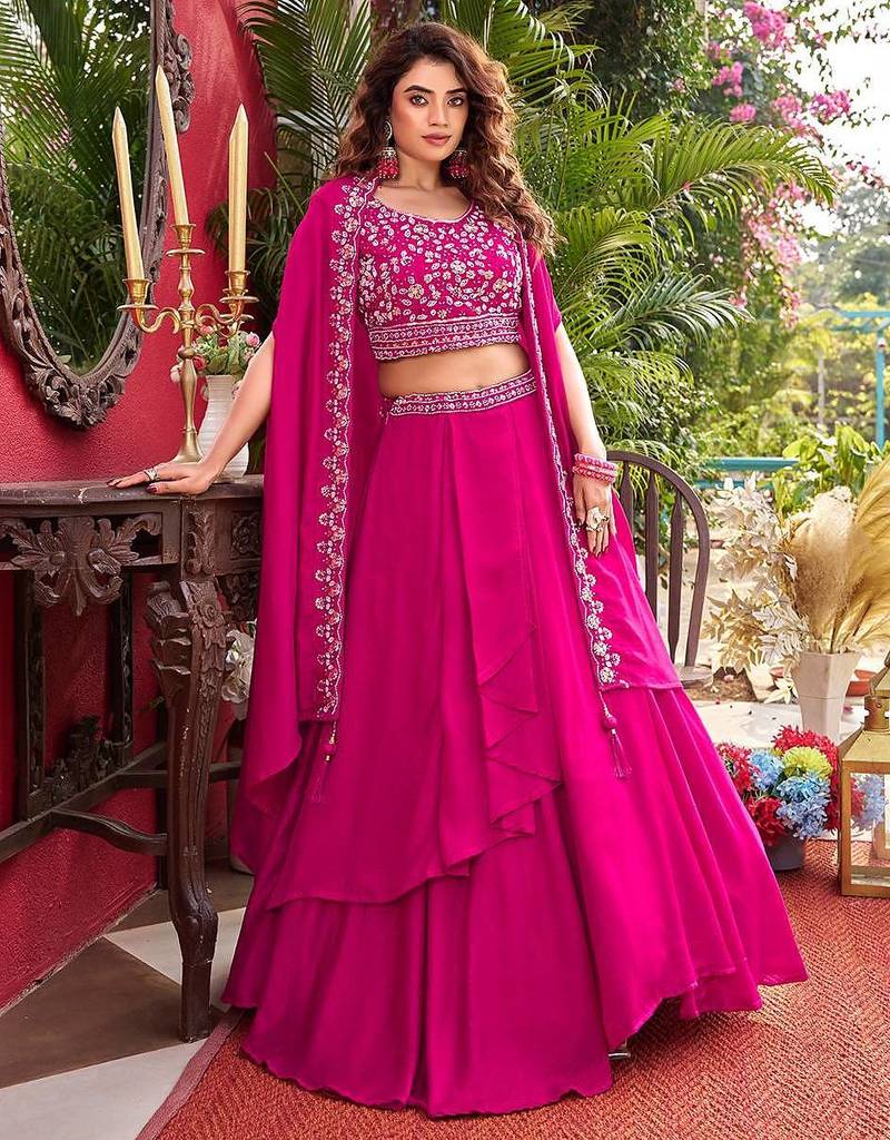 Pink Color Embroidery moti Bids And Sequence  Work Silk Lahenga Choli Set