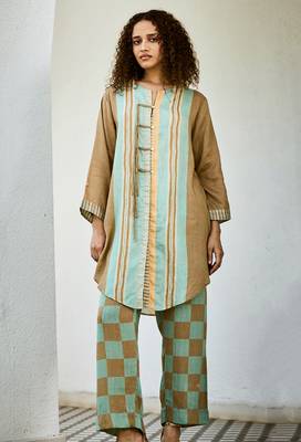 Brown printed linen kurta set 1