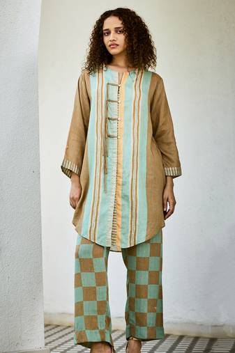 Brown printed linen kurta set