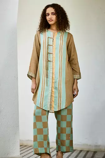 Brown printed linen kurta set