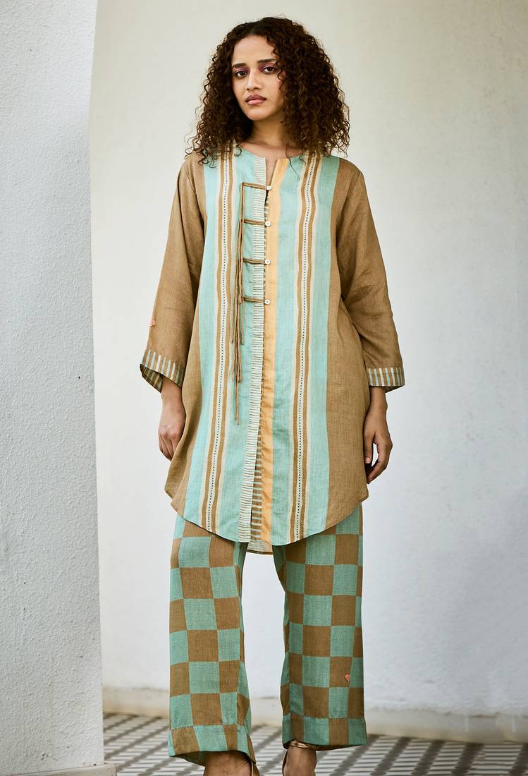 Brown printed linen kurta set