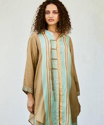 Brown printed linen kurta set 3