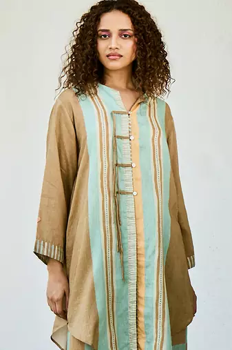 Brown printed linen kurta set