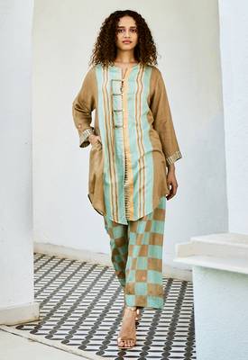 Brown printed linen kurta set 4